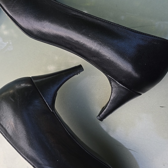 ESPACE By Robert Clergie Leather Black Sculpted Heel Shoes sz 9 vintage - Picture 3 of 6